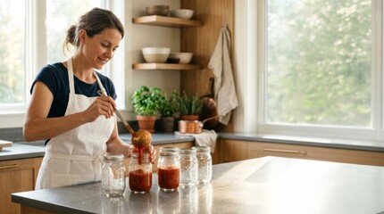 Fototapeta premium Woman pouring homemade sauce into glass jars for preservation, bright kitchen with natural light and copy space