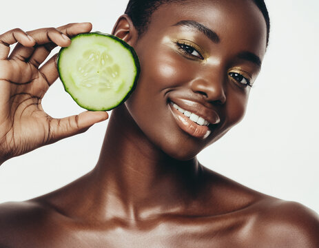 Radiant Black woman holding a fresh cucumber slice for natural skincare