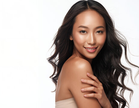 Radiant Asian woman with long wavy hair smiling in a bright studio setting