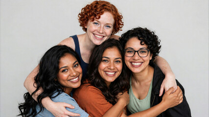 Obraz premium Four diverse young women smiling and embracing in a group hug against a white background, representing multicultural friendship and inclusivity.