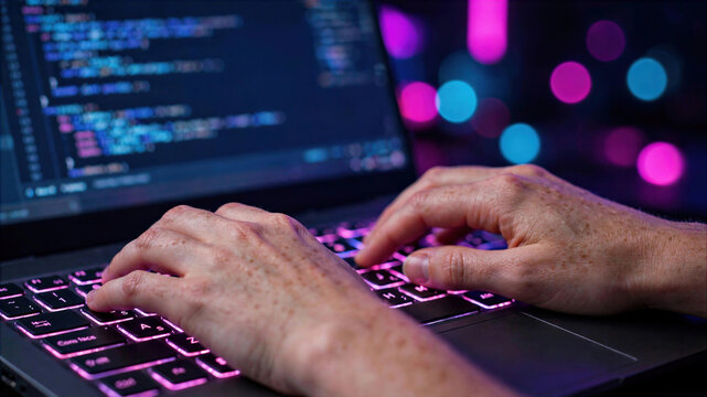 Close-up of a programmer's hands typing on a backlit laptop keyboard with source code on screen and colorful bokeh background