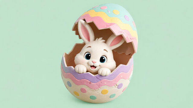 Cute Easter Bunny Peeking Over Large Painted Easter Egg Illustration
