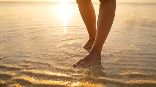 Bare Feet Walking Through Shallow Water at Sunset.