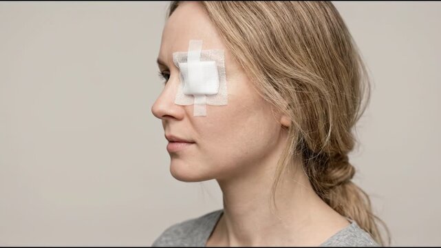 Woman Suffering from Vision Impairment and Eye Injury with Patched Eye Struggling with Recovery and Healing Process