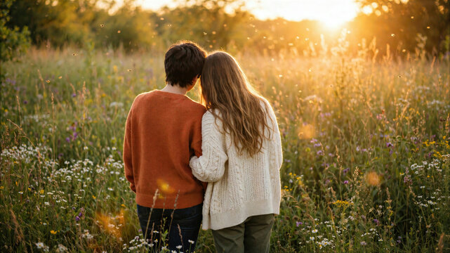 Couple standing together in a wild flower field during golden hour sunset