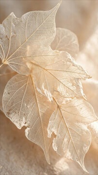 Macro of delicate dried skeleton leaves with intricate vein patterns in soft beige tones for minimalist organic background.