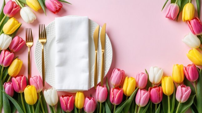 Elegant table setting with gold cutlery and a white plate adorned with tulips. Spring flowers frame a pink background, perfect for celebrations and festive gatherings.