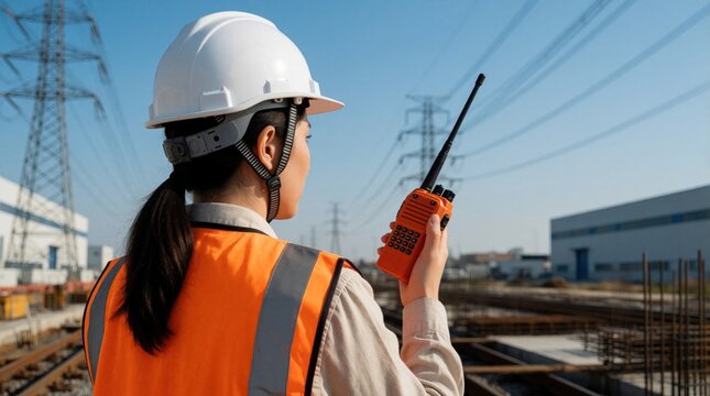 Female engineer wearing white hard hat, orange safety vest stands at building site holding radio. Woman pro communicates using walkie talkie device. Industrial background features high voltage power