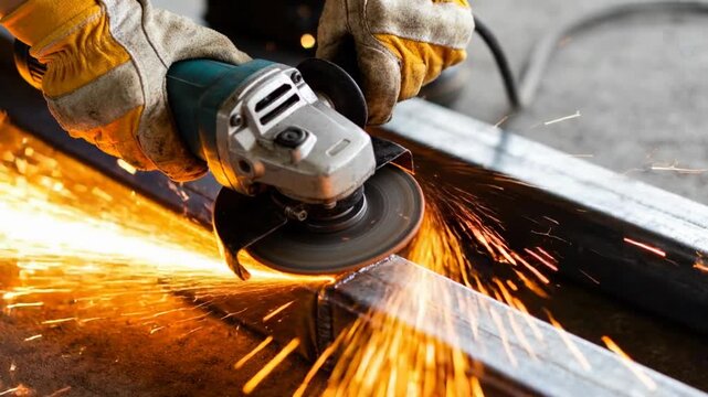 A construction worker in protective gloves uses an angle grinder to cut through a metal square pipe.
