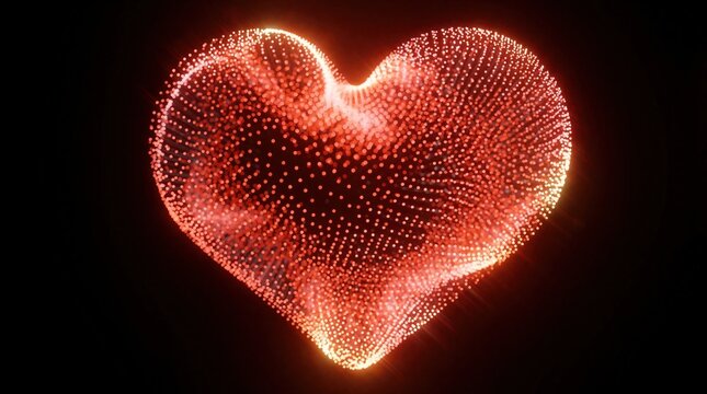 Glowing red heart shape made of tiny light particles on black background. Abstract digital love symbol with bright shine. Radiant tech connection node graphic design for valentines day card romance