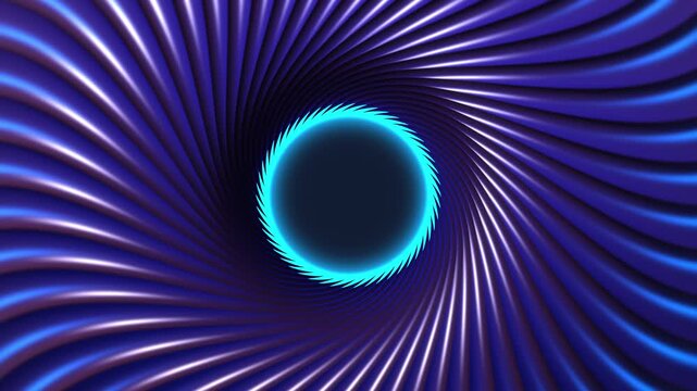 Abstract rotating 3D spiral tunnel with blue neon glow at centre futuristic loop animation