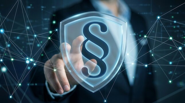 Businessman touching glowing shield with paragraph symbol and network