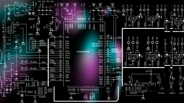 Video animation with schematic diagram of electronic device. Drawing electrical circuit with capacitor, resistor, 
controller, diode, led, integrated circuit. Animated 
effect, beautiful screensaver.