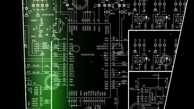 Video animation with schematic diagram of electronic device. Drawing electrical circuit with capacitor, resistor, 
controller, diode, led, integrated circuit. Animated 
effect, beautiful screensaver.