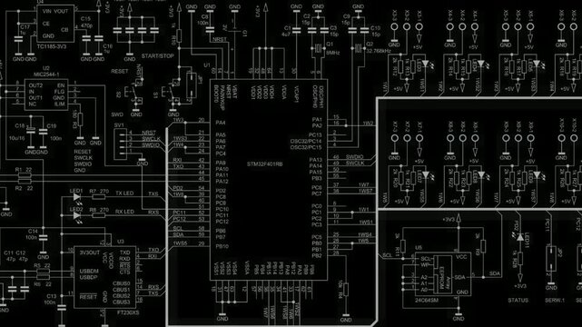 Video animation with schematic diagram of electronic device. Drawing electrical circuit with capacitor, resistor, 
controller, diode, led, integrated circuit. Animated 
effect, beautiful screensaver.