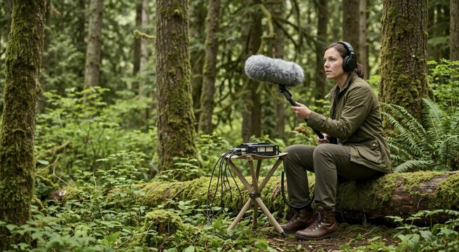 Female sound recordist capturing ambient audio in lush green forest. Woman with headphones holding boom microphone near professional recording equipment