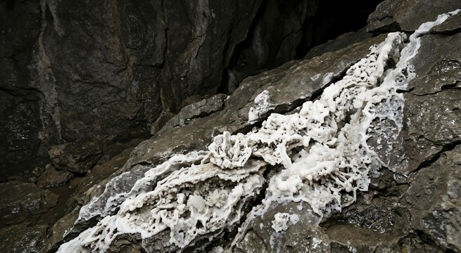 Close-up of a white crusty mineral deposit on a dark wet cave wall. Intricate geological formations in a subterranean cavern