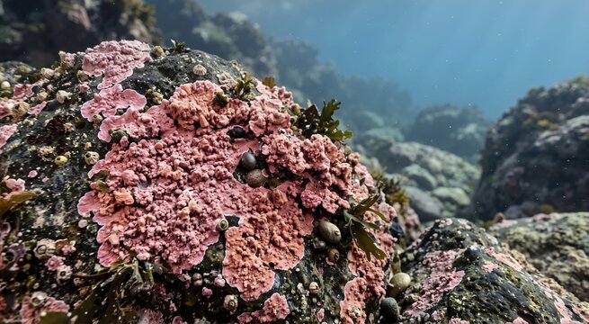 Close up of pink crusty coralline algae on underwater rocks. Marine biology and reef ecosystem detail with barnacles and seaweed. Sunlight filtering through blue ocean water