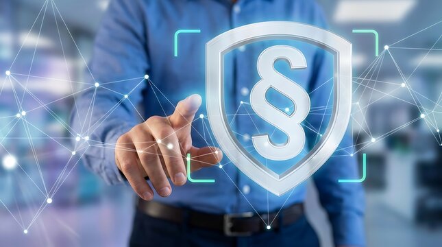 Man touching digital shield with paragraph symbol for legal protection