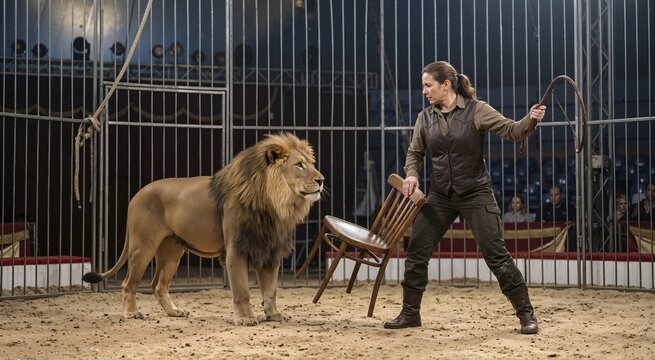 Female lion tamer holding a chair and whip facing a large male lion in a circus ring. Professional animal trainer performing a dangerous act inside a metal cage enclosure