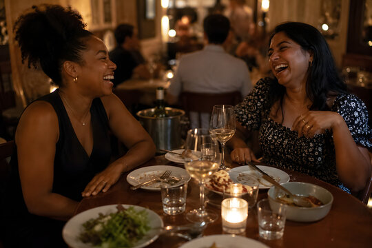 Two diverse women friends laughing together at restaurant dinner