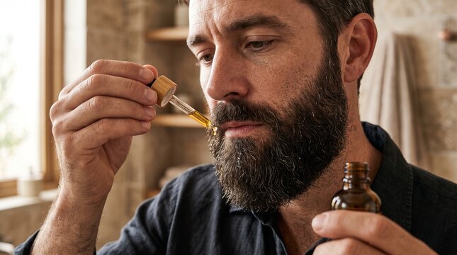 Bearded man applying natural beard oil with dropper in grooming space  