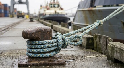 Fototapeta premium Thick blue mooring rope tied securely to a rusty metal bollard on a concrete dock. Close-up of nautical towing line in an industrial port
