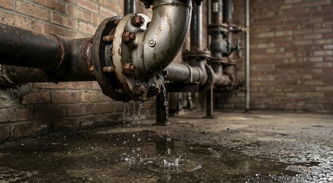 Water leaking from a rusty metal pipe joint and dripping onto a concrete floor. Broken plumbing infrastructure creating a puddle in an industrial basement. Maintenance and repair concept