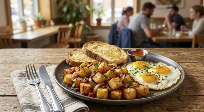 Breakfast plate with cubed hash brown potatoes and fried eggs. Morning meal with buttered toast on a rustic wooden table in a cafe