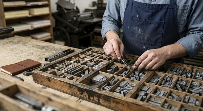 Artisan using tweezers to select lead type metal blocks from a wooden tray. Traditional letterpress printing and typesetting craft