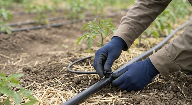 Farmer hands in gloves connecting black tubing for drip irrigation. Installing water line system for tomato plants in agricultural field