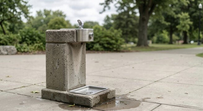 Concrete public drinking fountain on a paved walkway in a park. Outdoor water dispenser with metal basin and trees in background