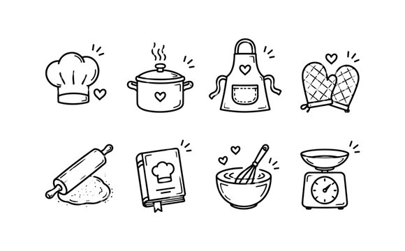 Cute hand-drawn baking and cooking icons with hearts and chef's hat