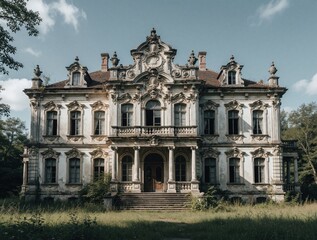 Fototapeta premium Old baroque mansion with weathered stone walls, classic architecture standing in field. Grand estate building shows faded luxury facade. Abandoned historical house exterior features ornate balcony,