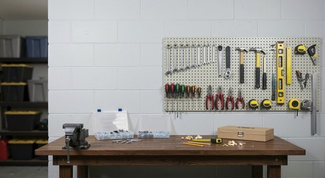 Organized workshop with hand tools hanging on a pegboard wall. Wooden workbench with a metal vise and hardware organizers. DIY carpentry workspace background