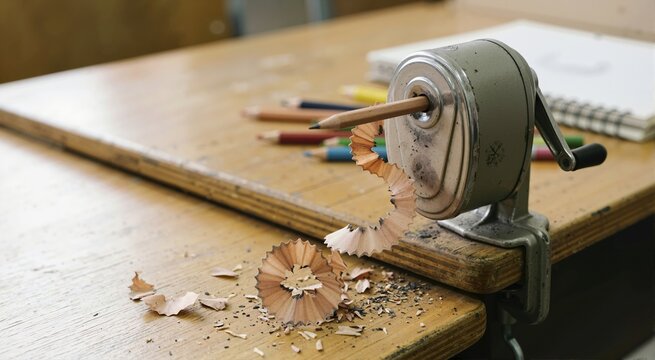 Vintage metal hand-crank pencil sharpener on a wooden desk with a spiral wood shaving. School supplies and stationery in a classroom workspace