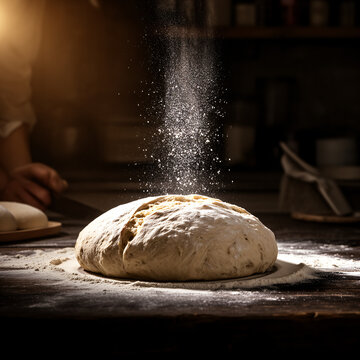 Artisan baker dusting white flour over fresh sourdough bread dough on dark wooden table