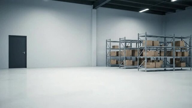 Spacious Warehouse Interior Featuring Organized Shelving With Cardboard Boxes on Gray Background for Logistics And Industrial Concepts