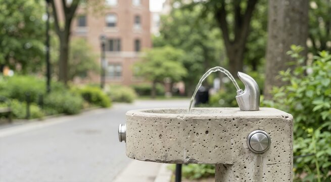 Close-up of a concrete public water fountain with flowing water. Stainless steel spout in an outdoor park setting with blurred background