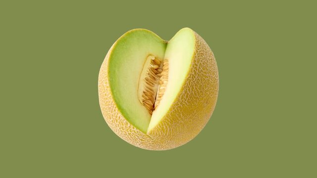 animation of a fresh melon with a sliced wedge slowly rotating on a green background. Bright minimal composition highlighting the juicy texture and natural freshness of the fruit