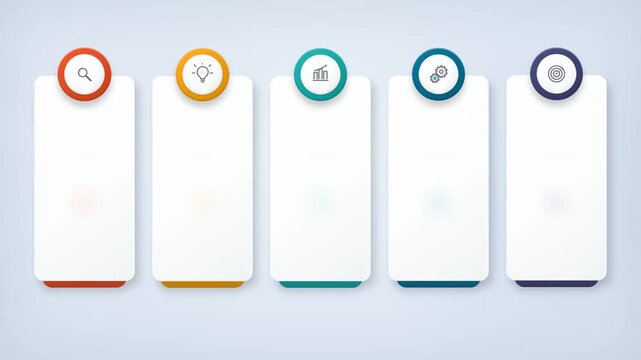 Five Step Workflow Cards with Search Idea Analytics Settings and Goal Icons