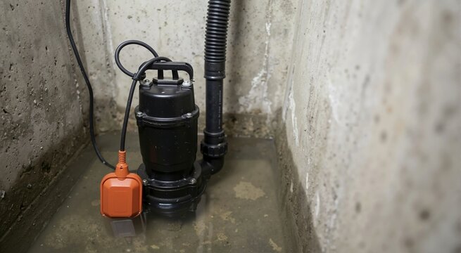 Black submersible sump pump with an orange float switch sensor. Equipment sitting in muddy water inside a concrete basement pit. Home plumbing and drainage system