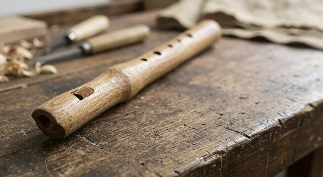 Handcrafted wooden flute resting on a rustic workbench. Traditional carved musical wind instrument in a carpentry workshop