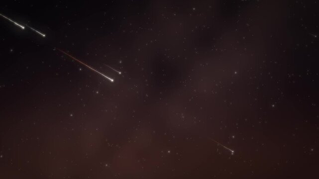 Meteor shower shooting stars streaking with glowing tails across a deep starry night sky seamless loop in calm maroon tones