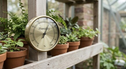 Naklejka premium Brass hygrometer dial measuring humidity in a greenhouse. Climate control instrument surrounded by potted green plants on a wooden shelf