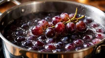Obraz premium Red grapes boil in metal pot filled with water. Fresh berries cook on stove to prepare homemade organic fruit juice. Bubbles rise from boiling liquid during cooking process. Traditional kitchen food