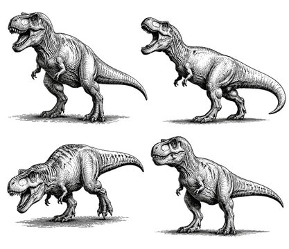 Collection of four detailed illustrations of Tyrannosaurus Rex dinosaurs in various poses