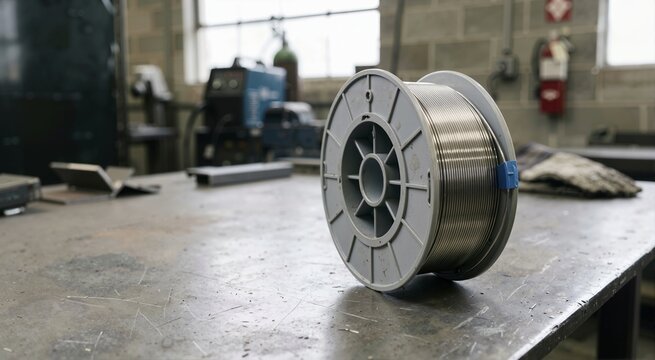 Spool of coiled stainless steel welding wire on a metal workbench. Close-up of industrial fabrication materials in a workshop