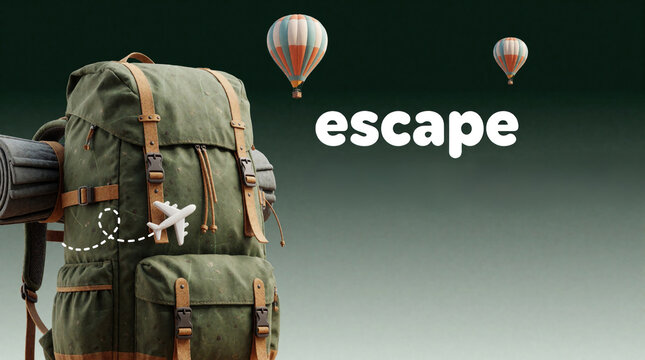 Green canvas hiking backpack sits against dark background with word escape. Small airplane icon draws dashed line hot air balloons float above. Gear represents outdoor travel adventure journey