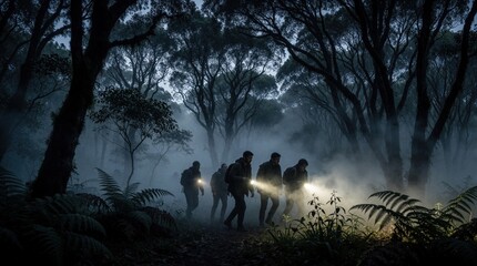 Naklejka na ściany i meble Group of people walk through dense misty forest at night using flashlights. They search for something in dark woods among trees and ferns. Mysterious atmosphere.